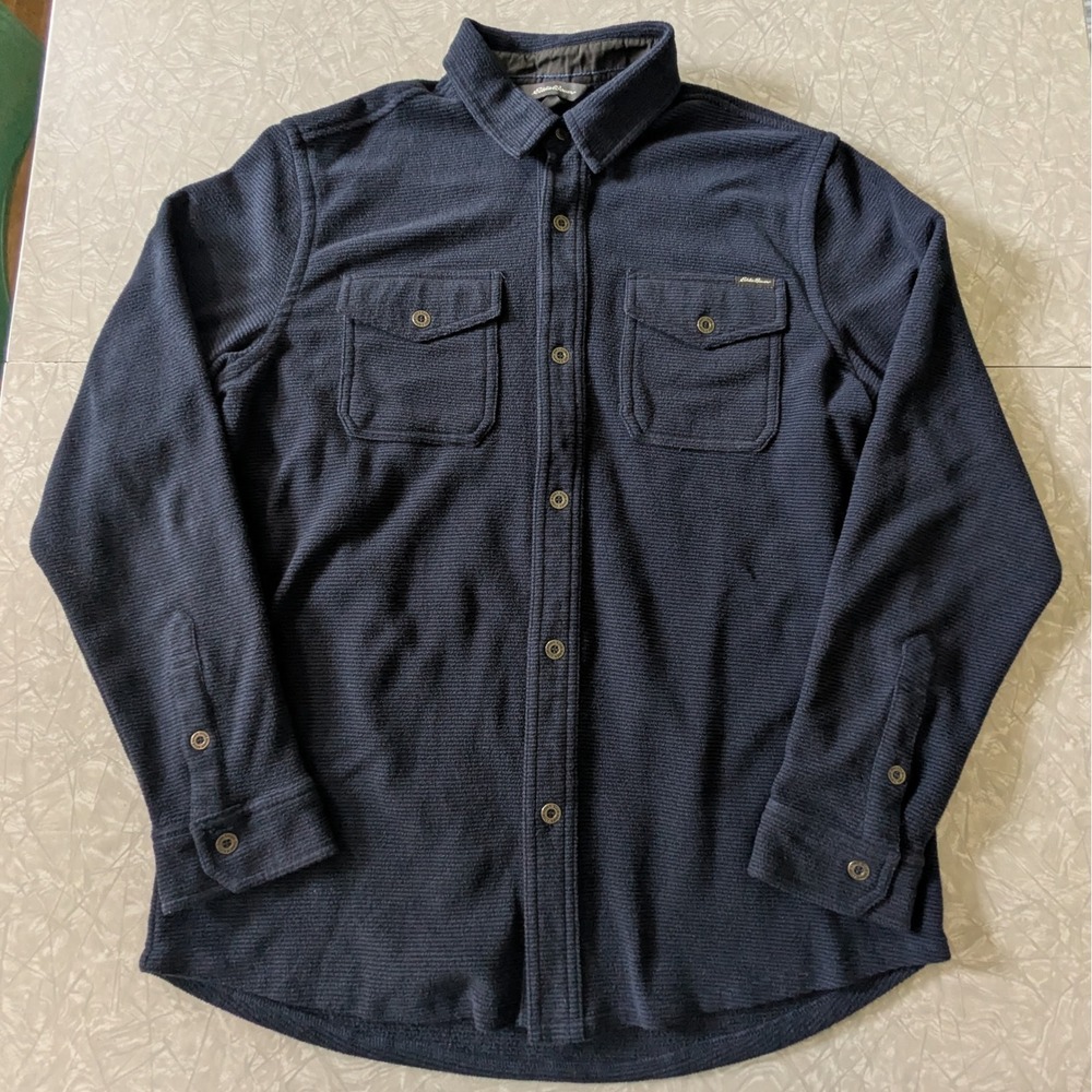 Eddie Bauer Mens M Navy Blue Stripe Fleece Button Down Shirt Jacket Shacket